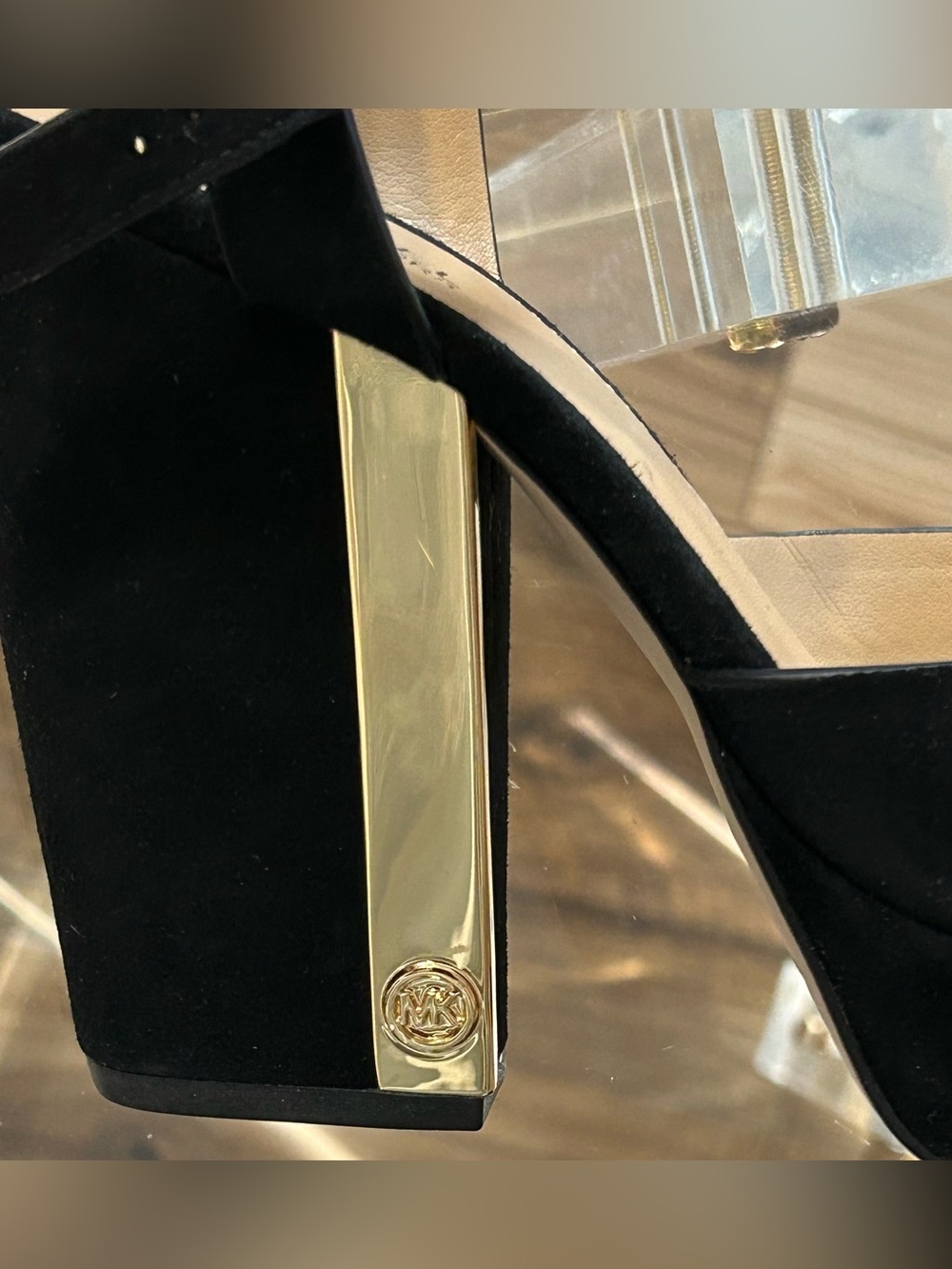 Michael Kors Black Suede Leather Platform Heels with Gold Block Heel Size 7 - Picture 12 of 16